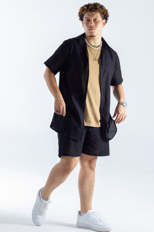 Black Linen Men Shorts and Shirt Set