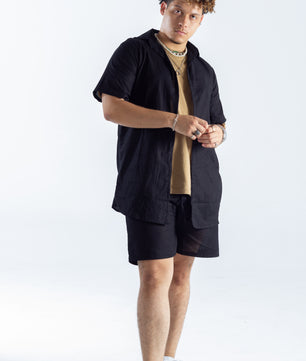 Black Linen Men Shorts and Shirt Set