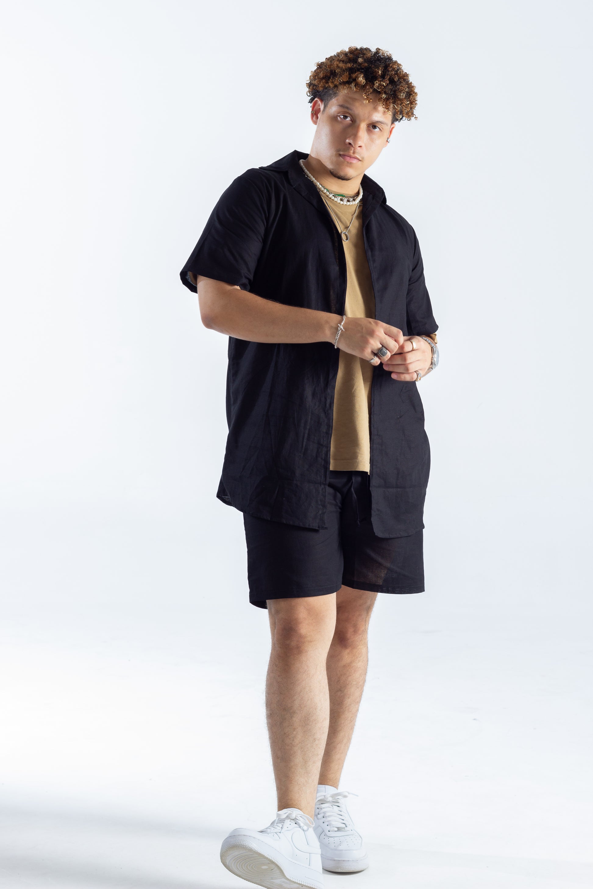 Black Linen Men Shorts and Shirt Set