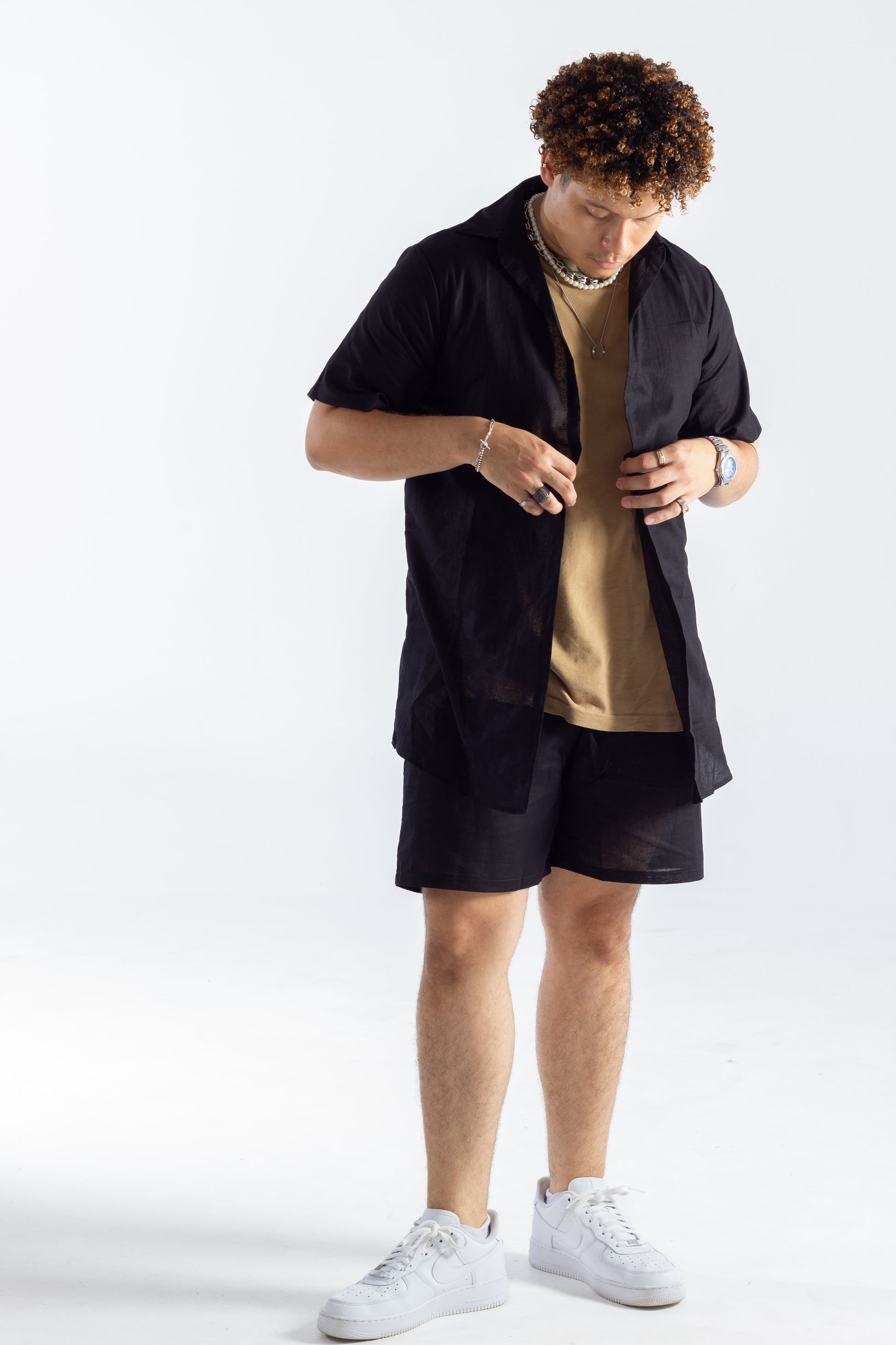 Black Linen Men Shorts and Shirt Set