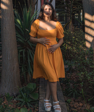 Puff Sleeve Midi Dress - Yellow