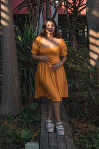 Yellow Puff‑Sleeve Midi Dress