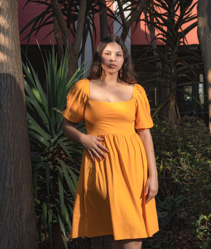 Puff Sleeve Midi Dress - Yellow