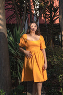 Yellow Puff‑Sleeve Midi Dress