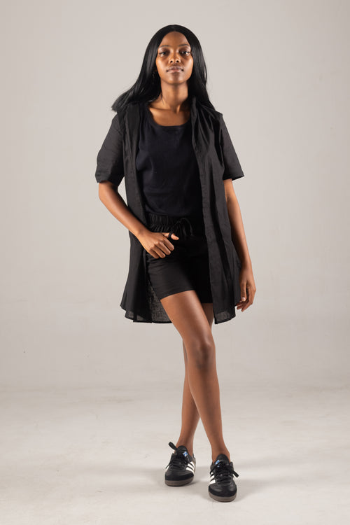 Black Linen Women Shorts and Shirt Set