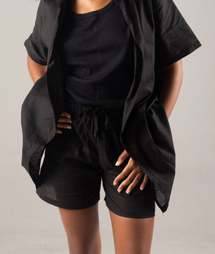 Black Linen Women Shorts and Shirt Set