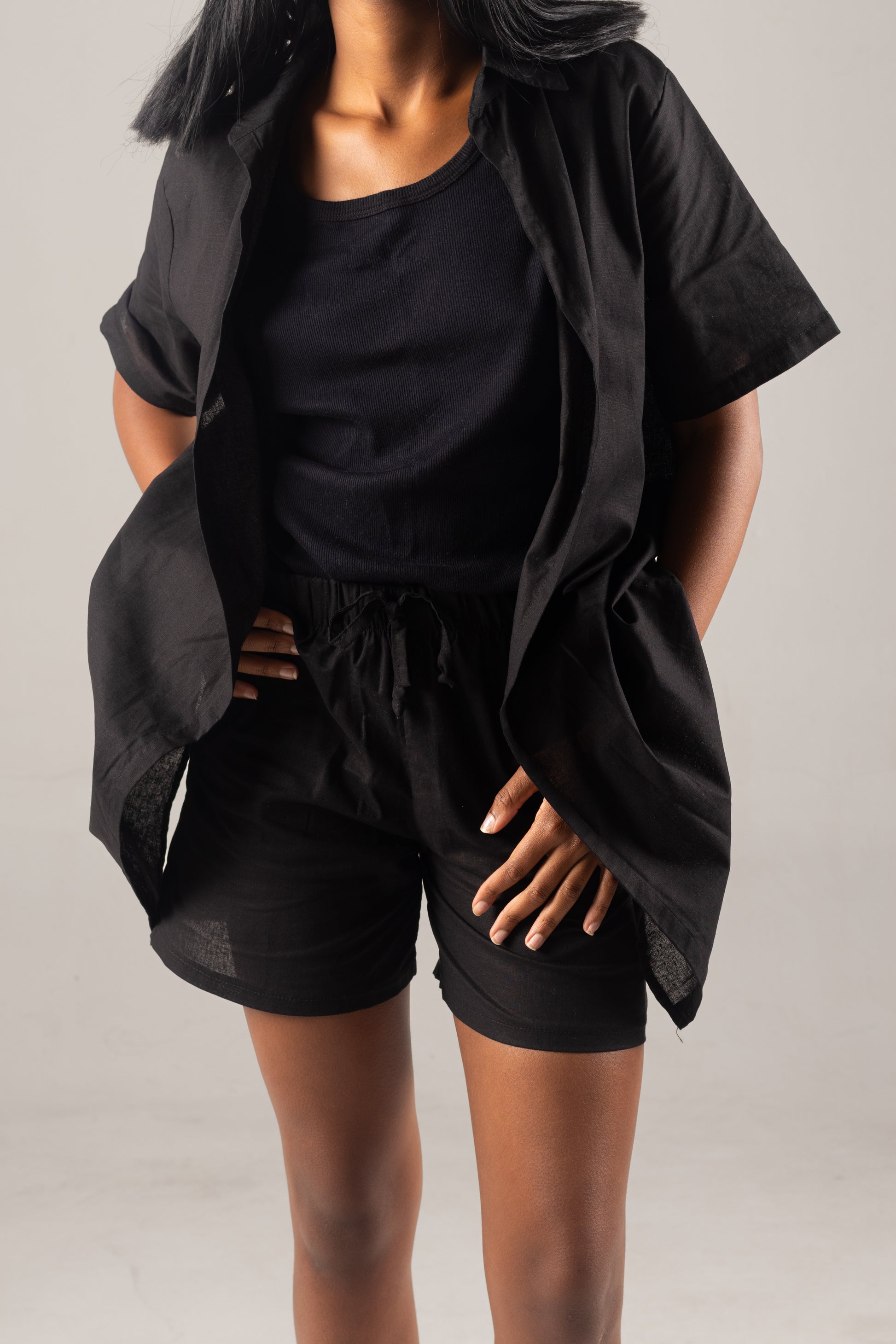 Black Linen Women Shorts and Shirt Set