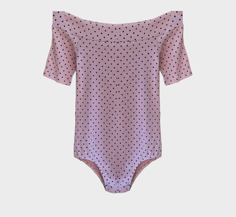 Off Shoulder Bodysuit - Pink With Black Polka Dots