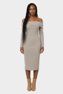 Taupe Off‑Shoulder Ribbed Dress