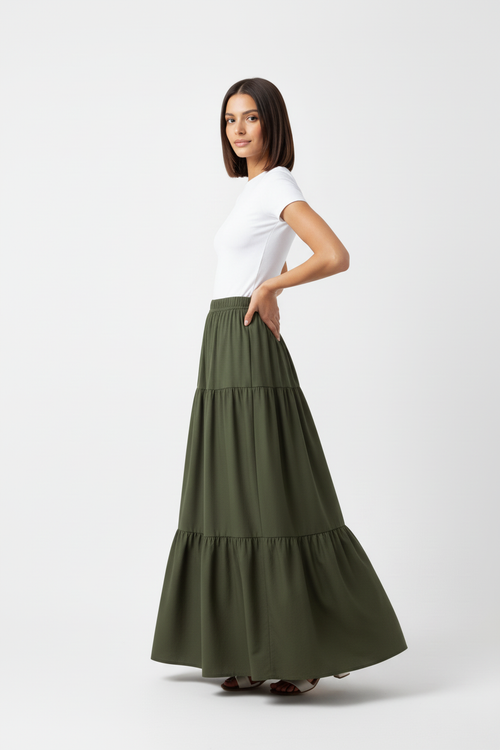 Army Green Tiered Maxi Skirt Front Natural