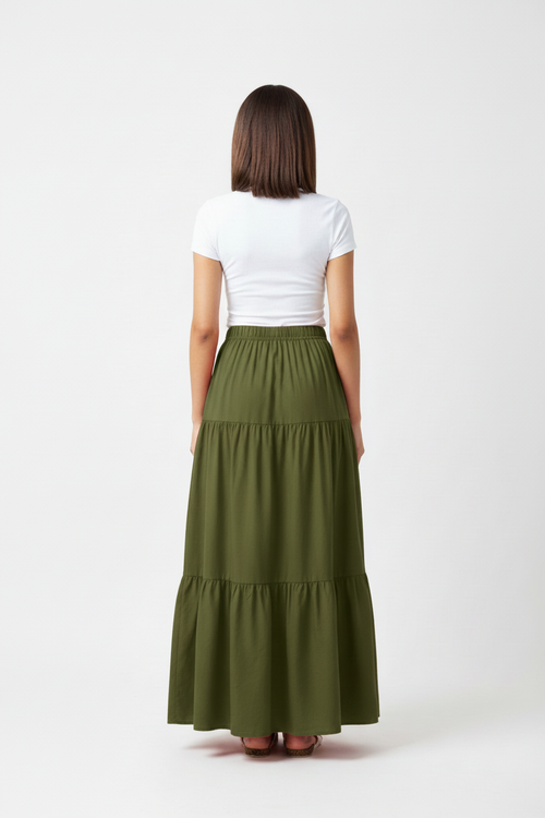 Army Green Tiered Maxi Skirt Front