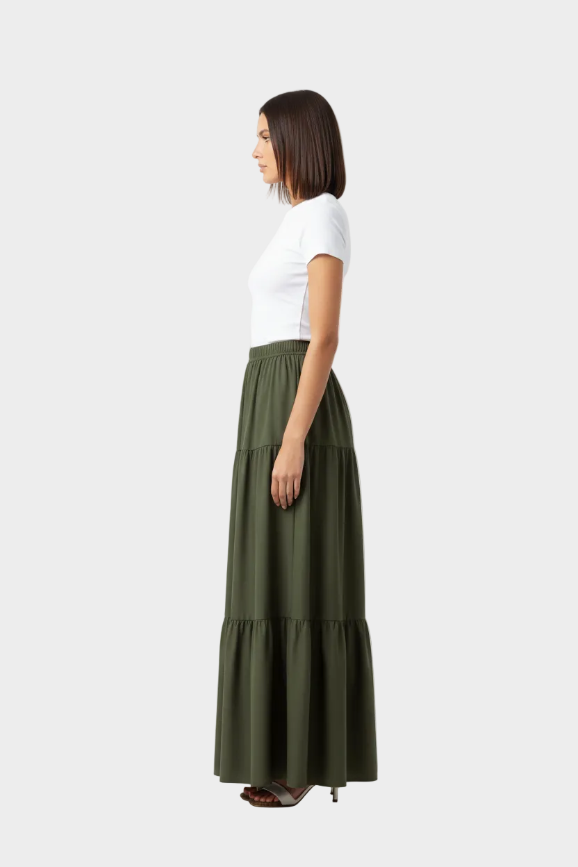 Army Green Tiered Maxi Skirt Side