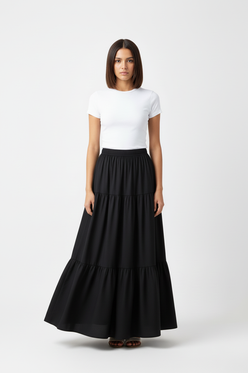 Black Tiered Maxi Skirt Front Natural
