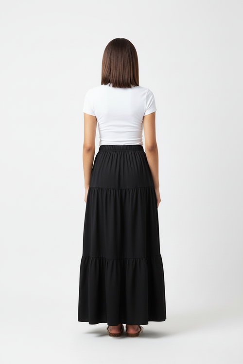 Black Tiered Maxi Skirt Front