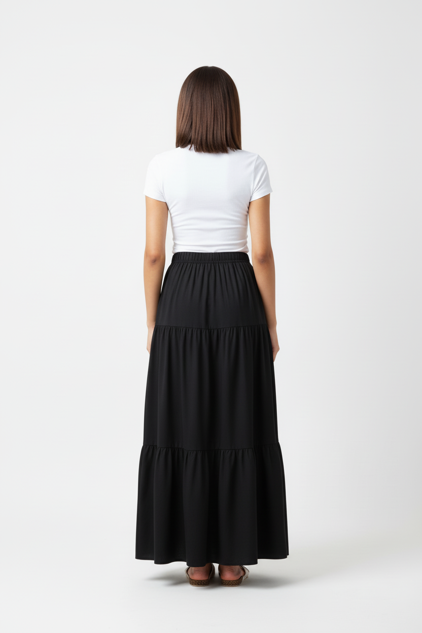 Black Tiered Maxi Skirt Front