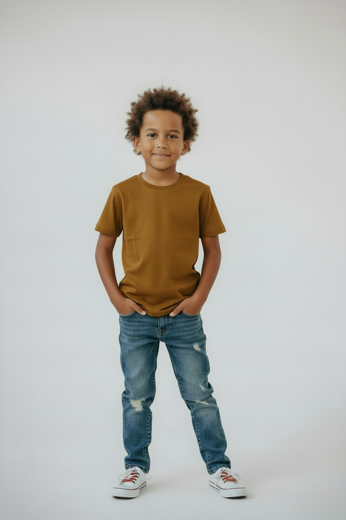 Boy in #AD7F07 t-shirt front new pose