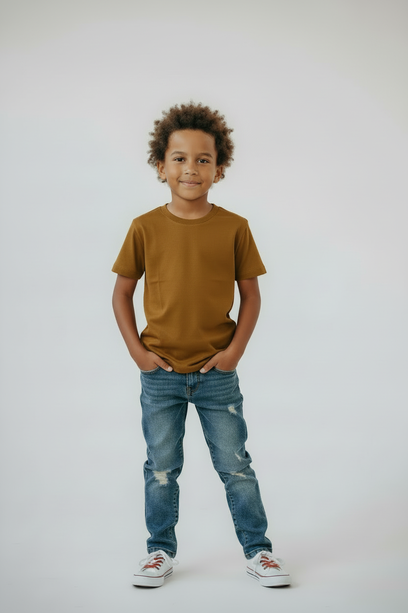 Boy in #AD7F07 t-shirt front new pose