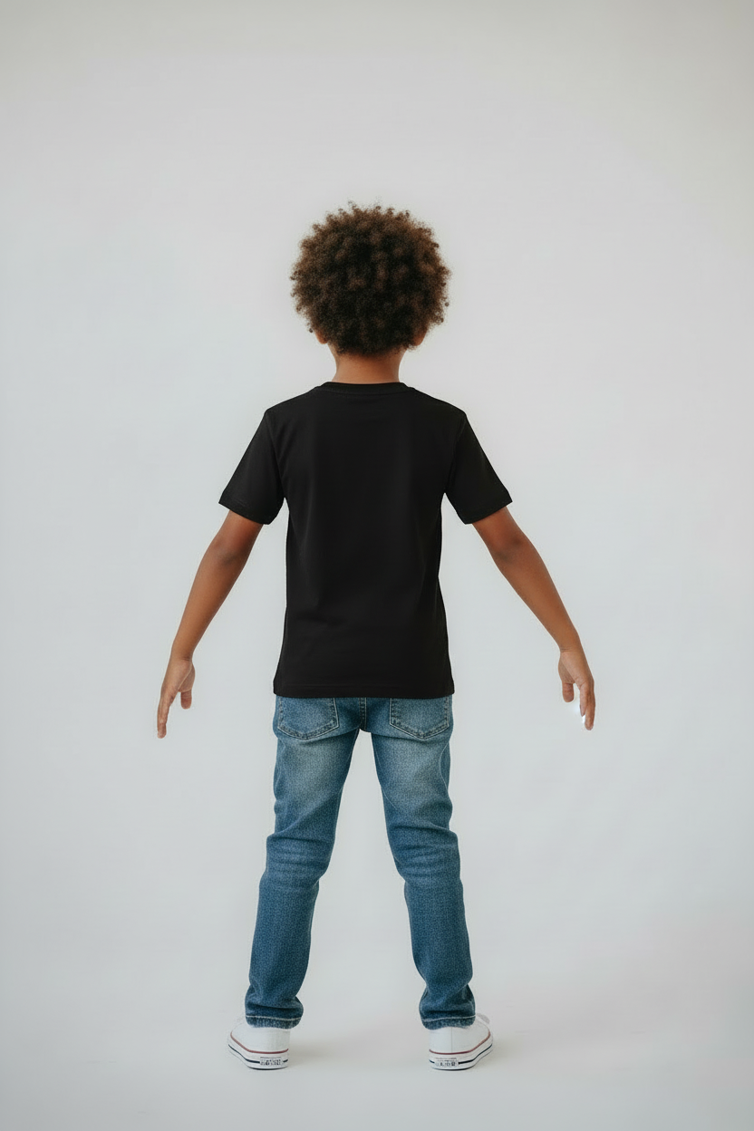 Boy in black t-shirt back view studio
