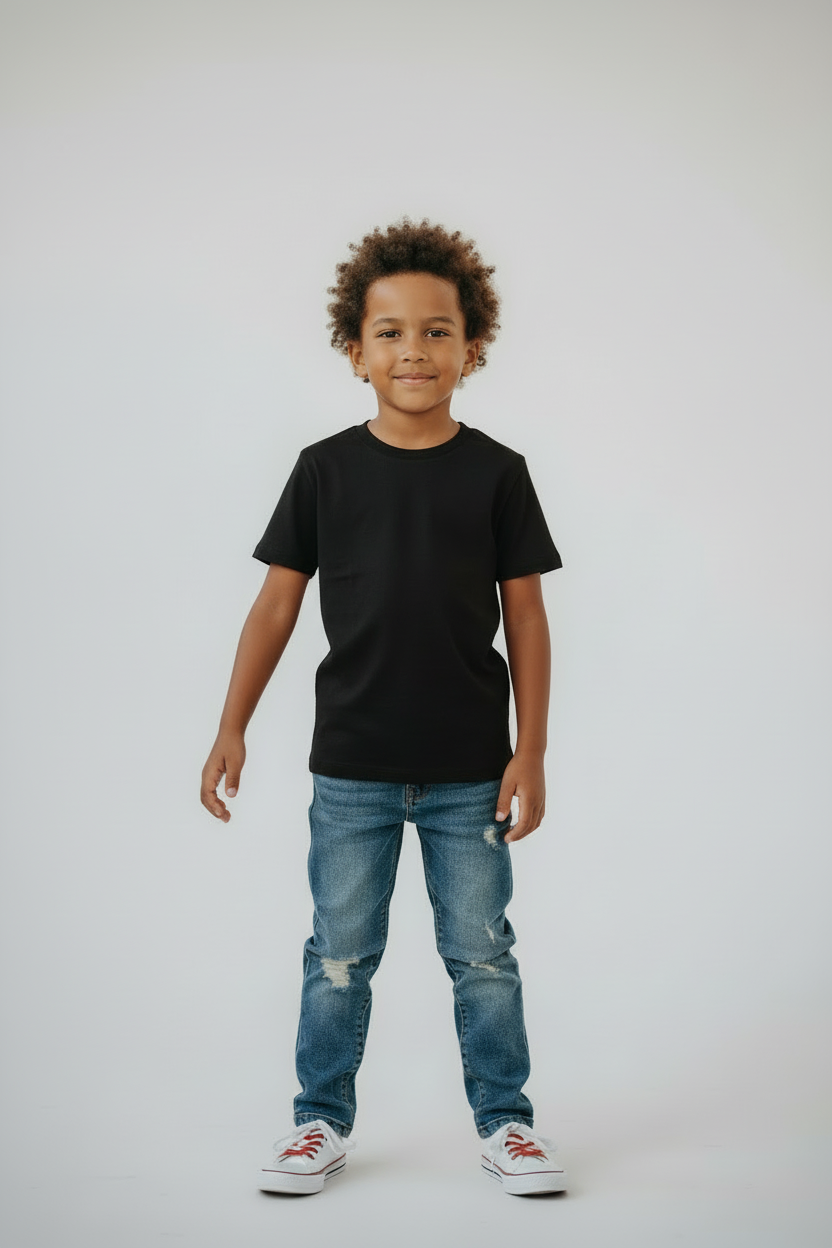 Boy in black t-shirt front view studio