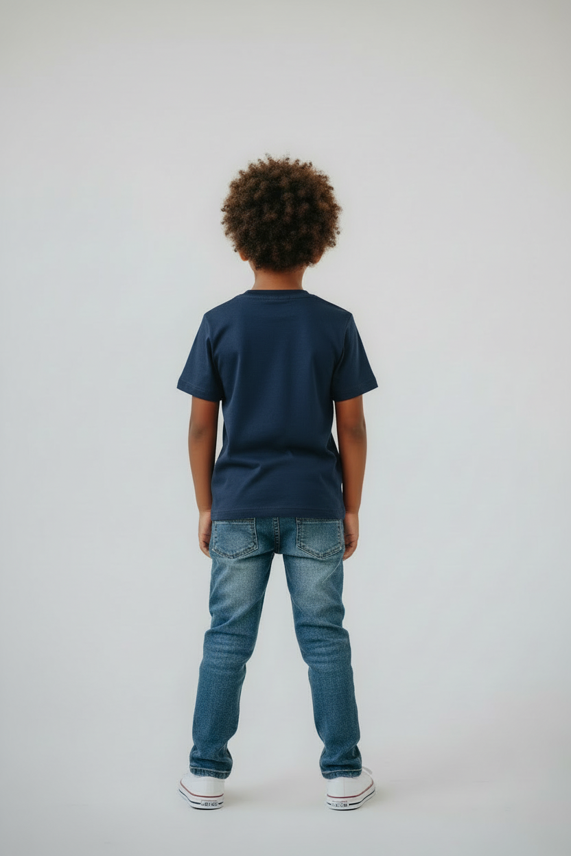 Boy in navy t-shirt back view studio