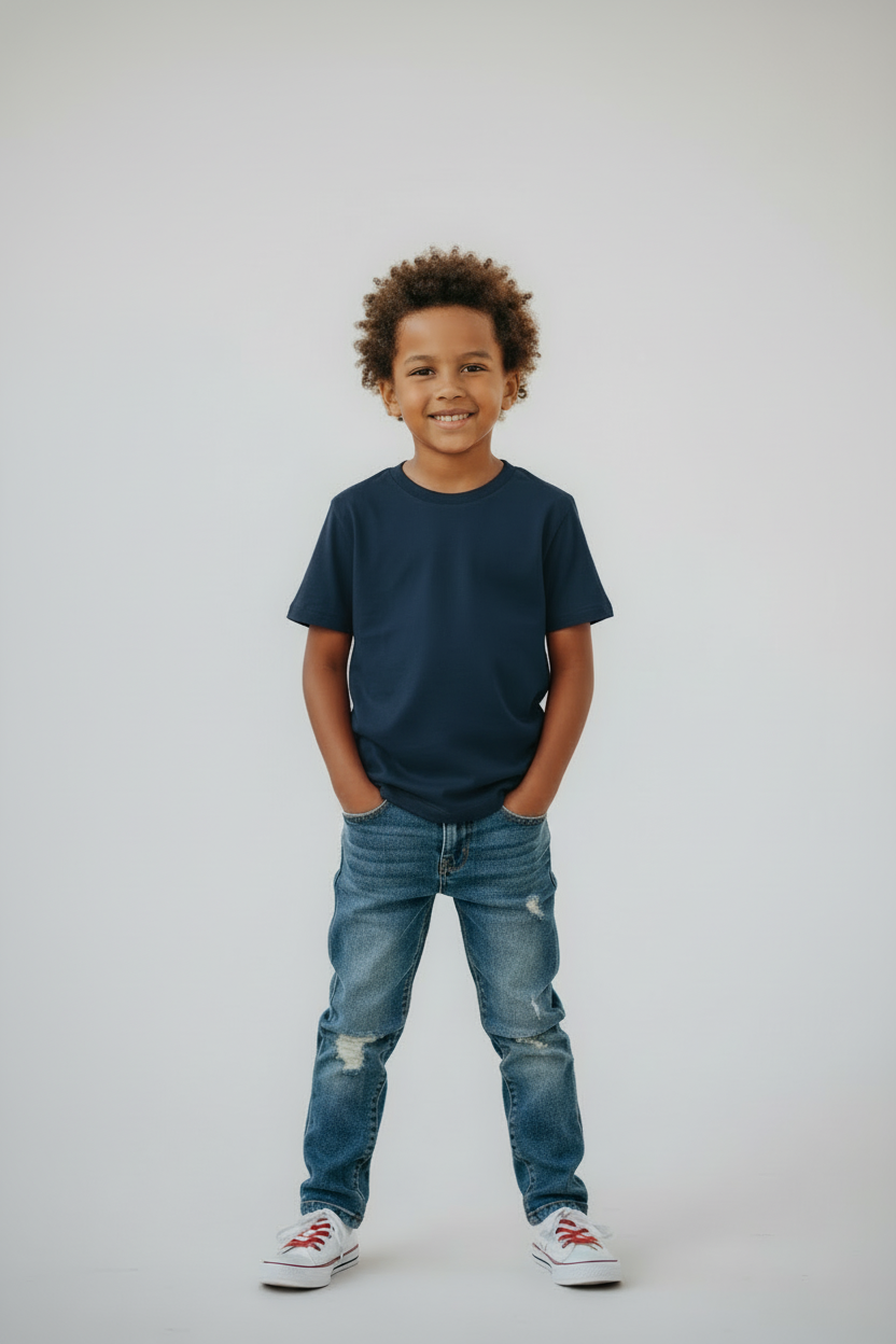 Boy in navy t-shirt front view studio