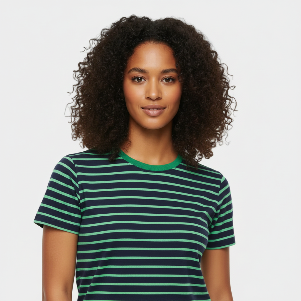 Close-up view - Navy & Green Striped Tee