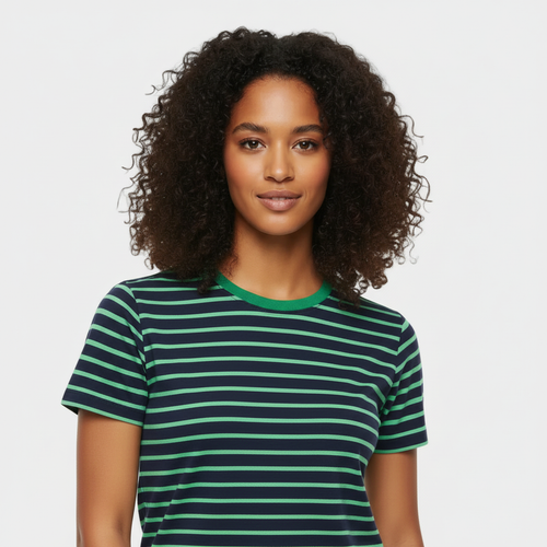 Close-up view - Navy & Green Striped Tee