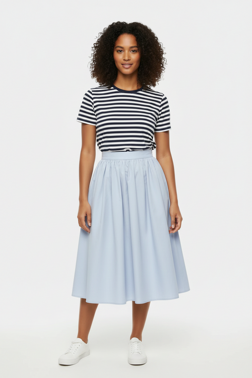 Light Blue Gathered Midi Skirt