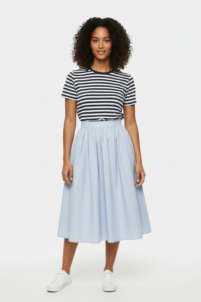 Light Blue Gathered Midi Skirt