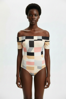 Geometric block print bodysuit front