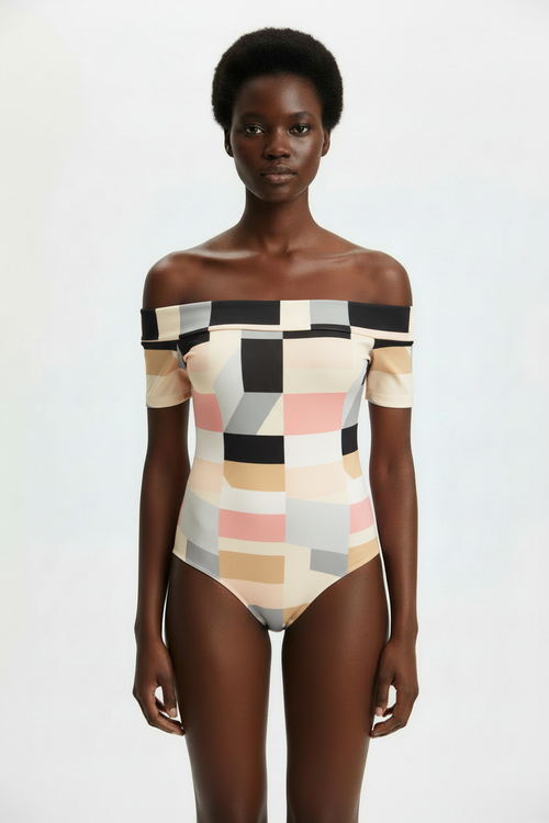 Geometric block print bodysuit front