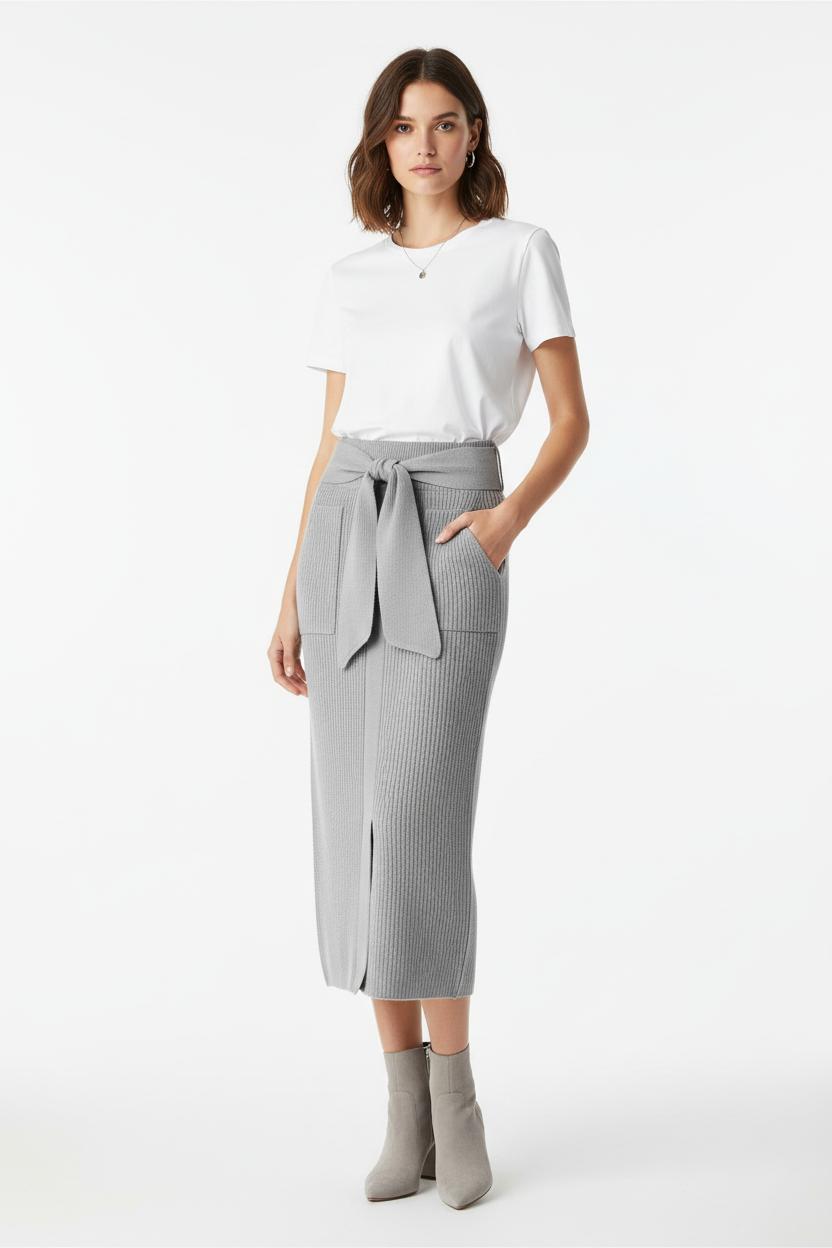 Ribbed Midi Skirt with Belt