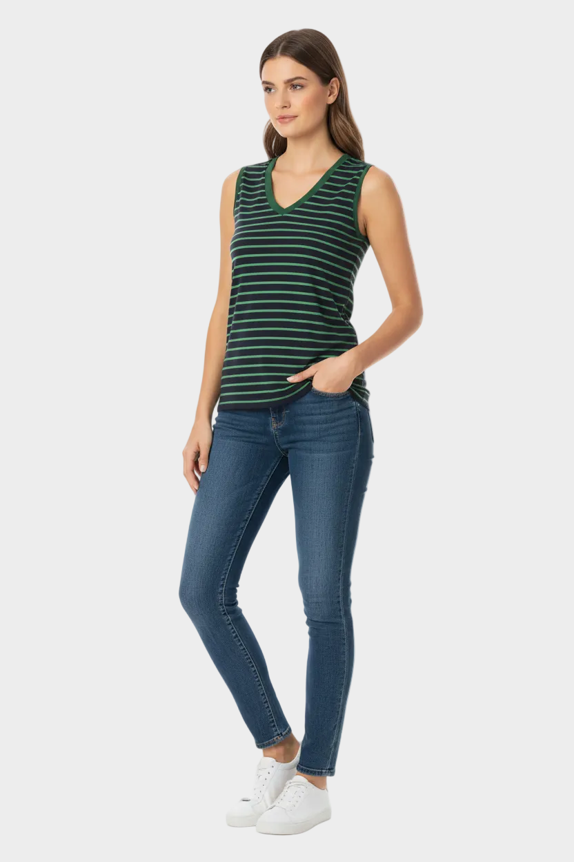 Green & Navy Striped Sleeveless V-Neck Top