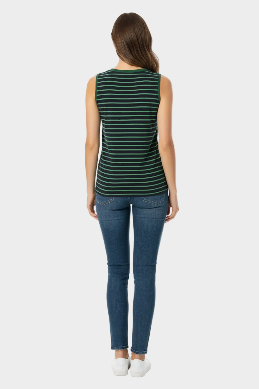 Green & Navy Striped Sleeveless V-Neck Top