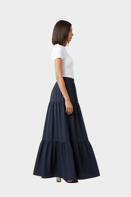 Navy Tiered Maxi Skirt Side