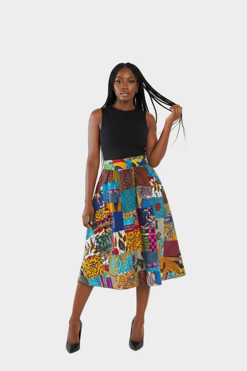Patchwork African Print Skirt on Model