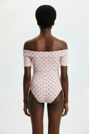Pink Polka‑Dot Off‑Shoulder Bodysuit