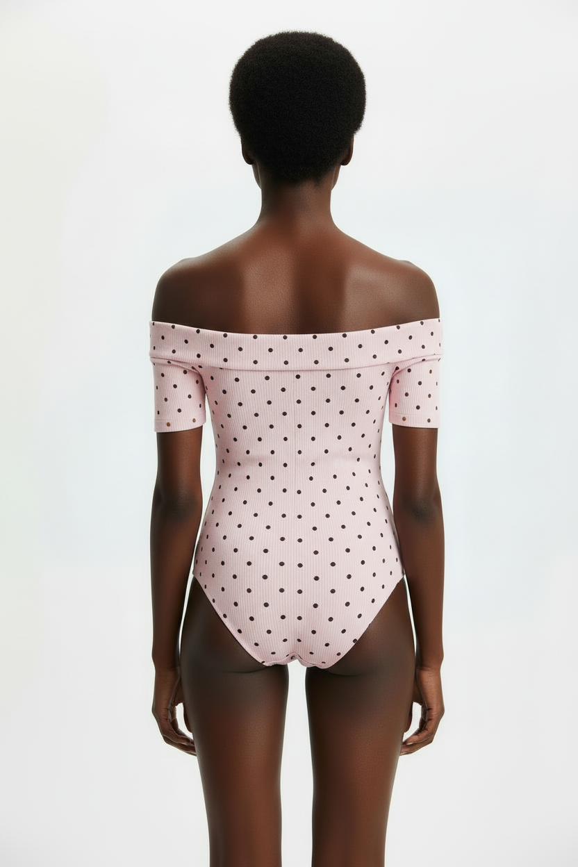 Pink Polka‑Dot Off‑Shoulder Bodysuit