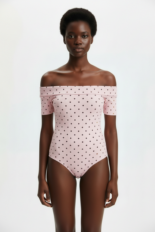 Pink Polka‑Dot Off‑Shoulder Bodysuit