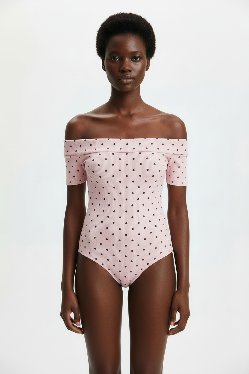 Off Shoulder Bodysuit - Pink With Black Polka Dots