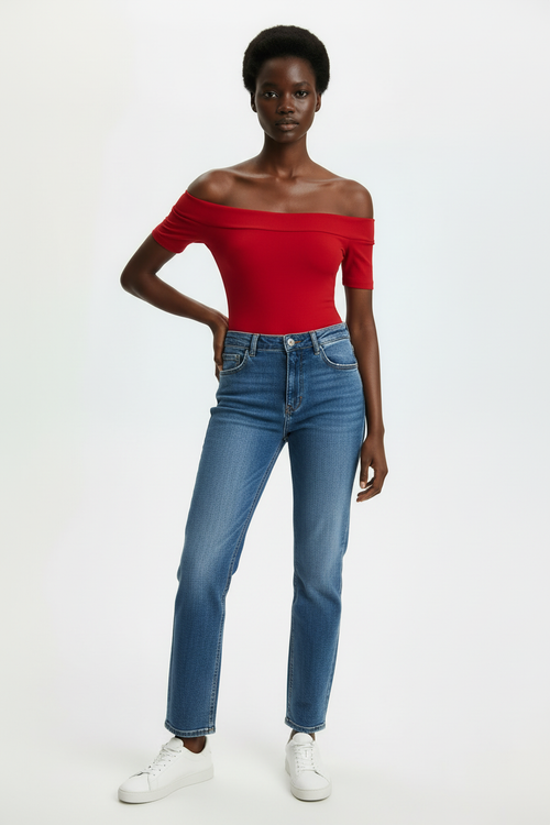 Red bodysuit with jeans