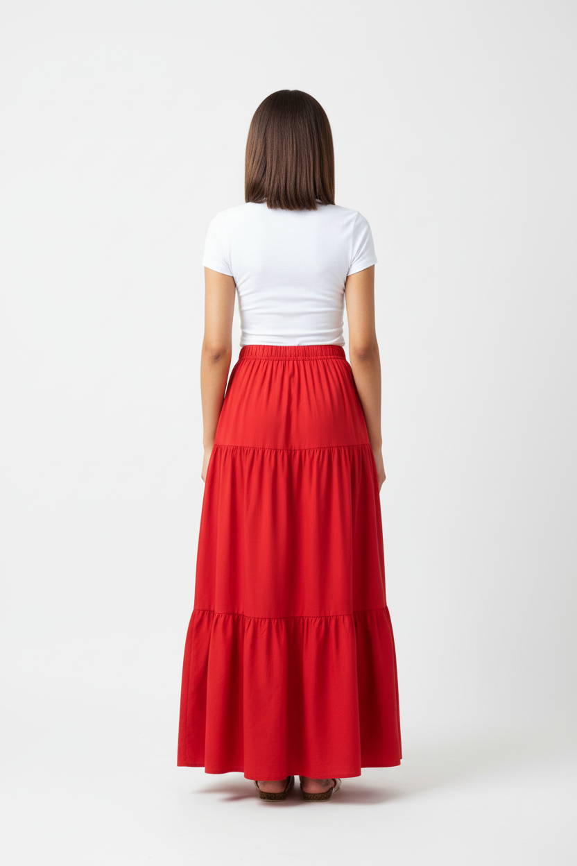 Red Tiered Maxi Skirt Back Still