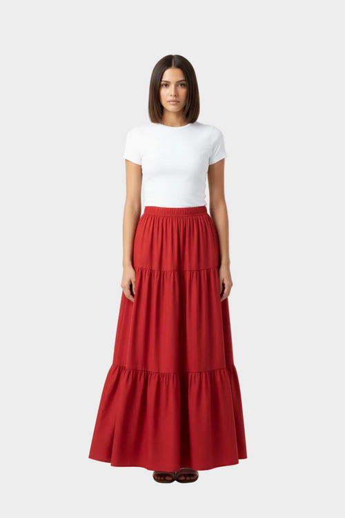 Red Tiered Maxi Skirt Front Natural