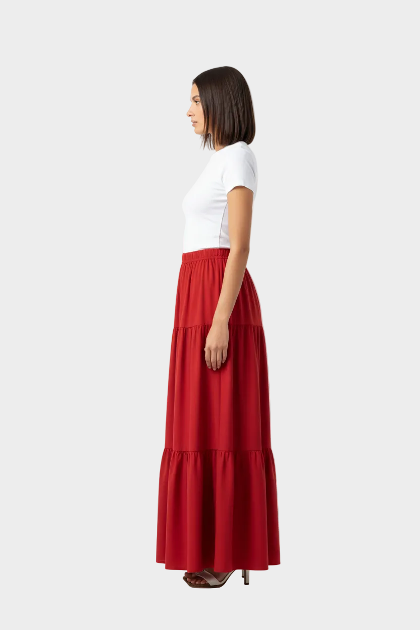 Red Tiered Maxi Skirt Side