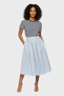 Striped Tee & Blue Midi Skirt — Hands in Pockets