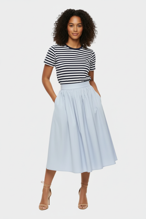 Striped Tee & Blue Midi Skirt — Hands in Pockets