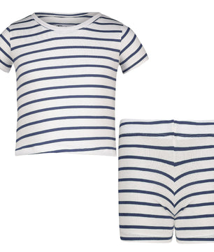 Boys Short Sleeve Pyjama Set White Navy Stripe