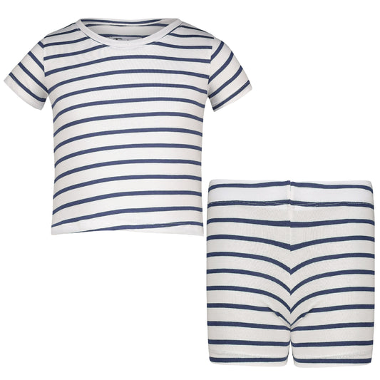 Boys Short Sleeve Pyjama Set White Navy Stripe